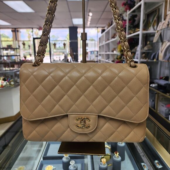 NWTS!AUTHENTIC Chanel Double Flap Beige Caviar Quilted Gold Purse/Shoulder Bag - Picture 1 of 9